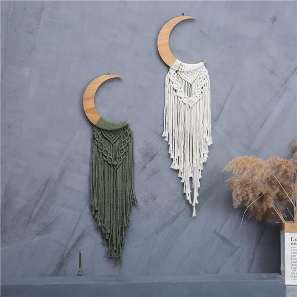 Macrame Wall Hanging Boho Moon Decor, Bohemian Crescent Wooden Ornament - Picture 3 of 7